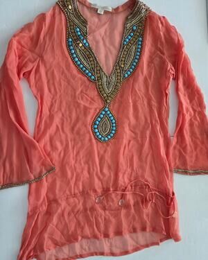 Boston Proper Coral Beaded Boho Resort Tunic Top Size 6